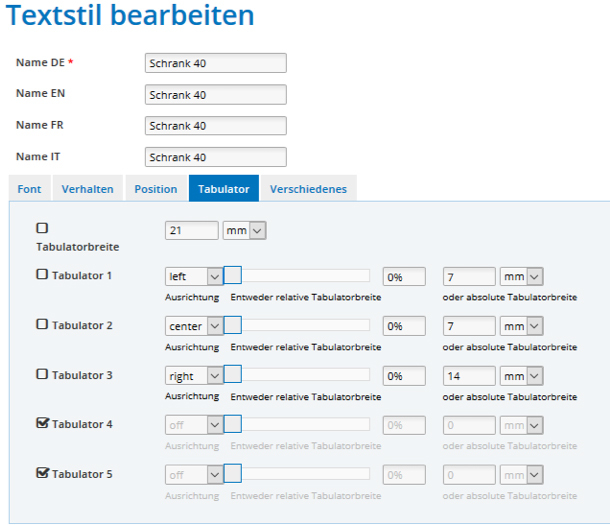 Text Style Tabs